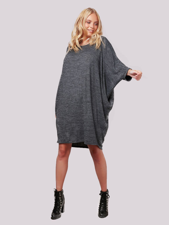 V Back Marl Batwing Cocoon Dress+, Dark Grey - Charcoal, large