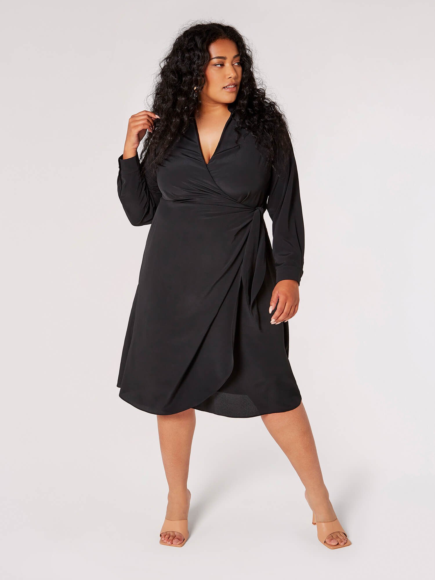 Curve Wrap Shirt Midi Dress Apricot Clothing