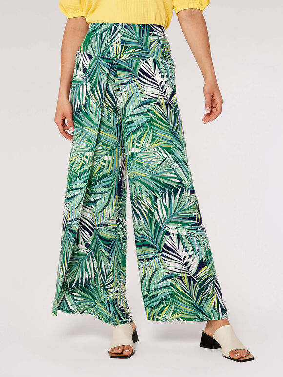 Palm Print Wrap Trousers, Navy, large