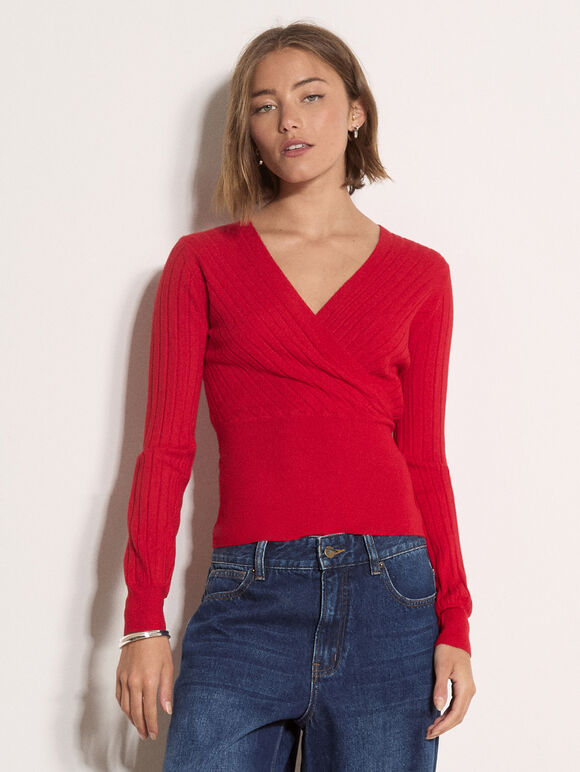 Rib Knit Wrap Top, Red, large