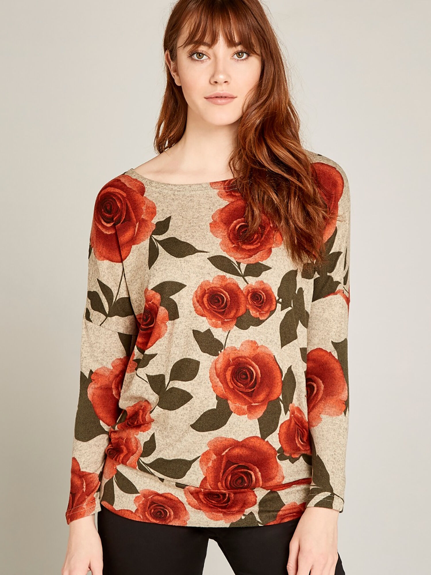 Coral Graphic Rose Print Oversize Top Apricot Clothing