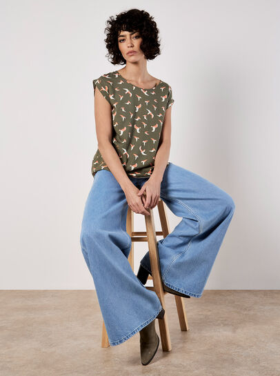 Bird Print Graphic Woven T-Shirt