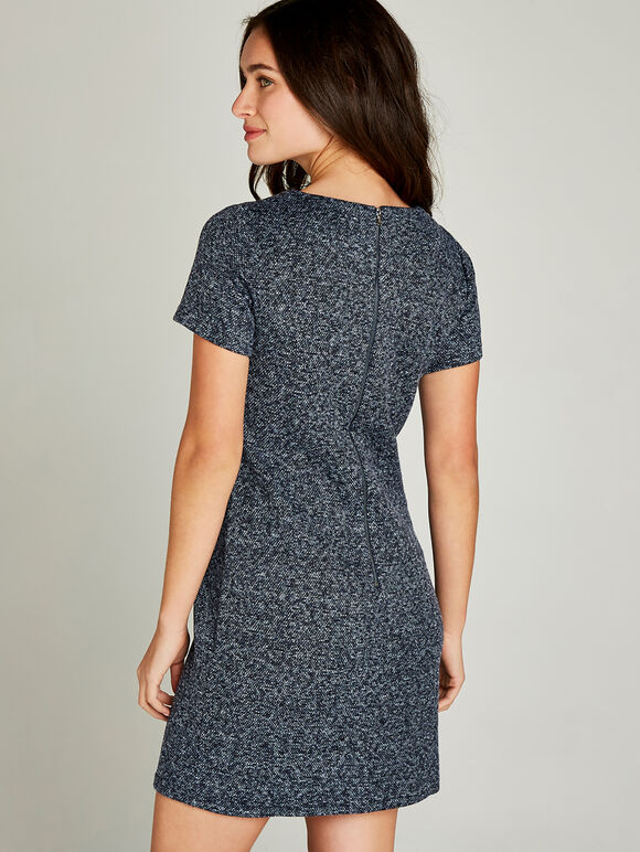 Navy Textured Pocket Shift Dress, Navy, large