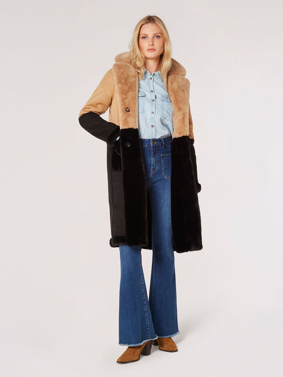 Reversible Suede Faux Fur Coat, Stone, large