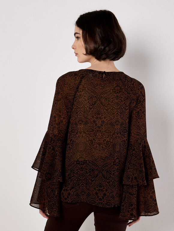 Paisley Print Ruffle Sleeve Blouse, Rust, large