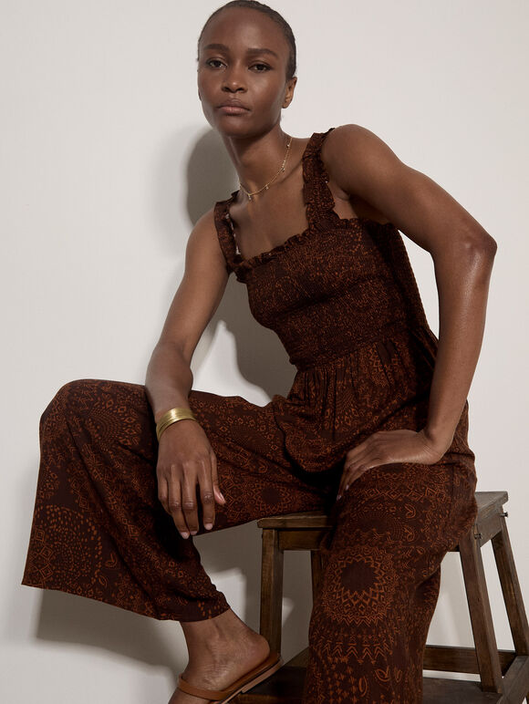 Kaleidoscope Shirred Wide-Leg Jumpsuit, Brown, large