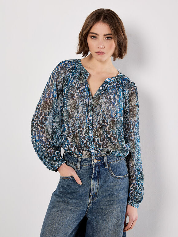 Patchwork Feather Print Chiffon Top, Green, large