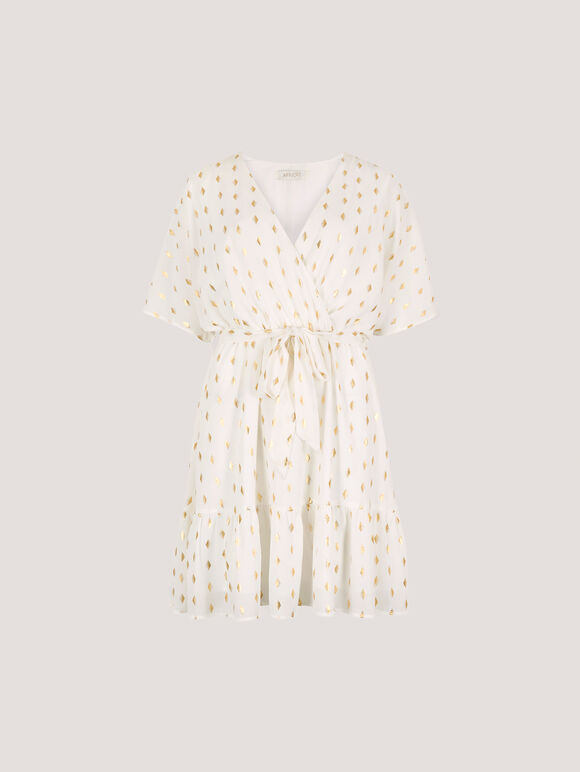 Gold Foil Diamond Wrap Mini Dress, White, large