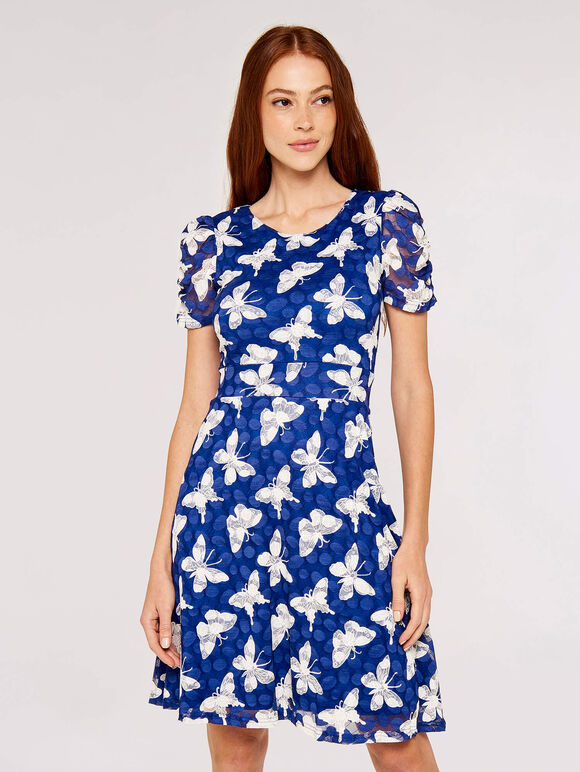 Butterfly Ruch Sleeve Dress, Blue, large