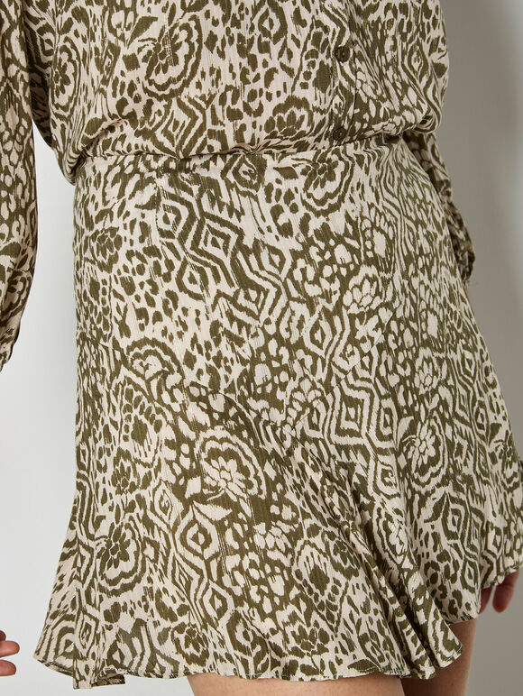 Ikat Shimmer Ruffle Mini Skirt, Khaki, large