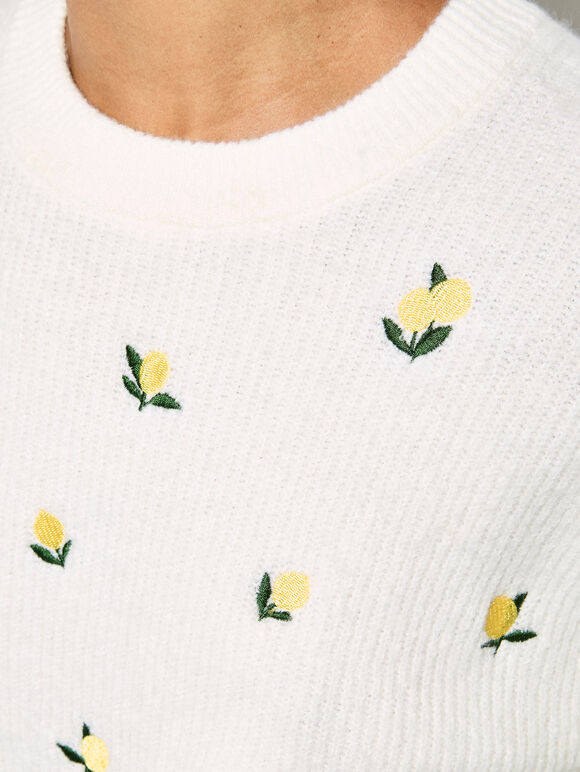 Embroidered Lemon Jumper, Cream, large