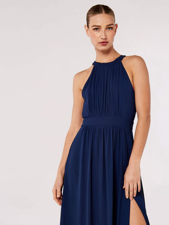 Halter Neck Split Maxi Dress, Navy, large
