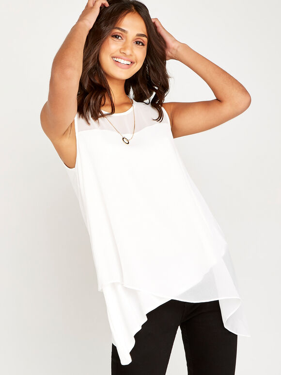 Cross Over Hem Sleeveless Top, Cream, large