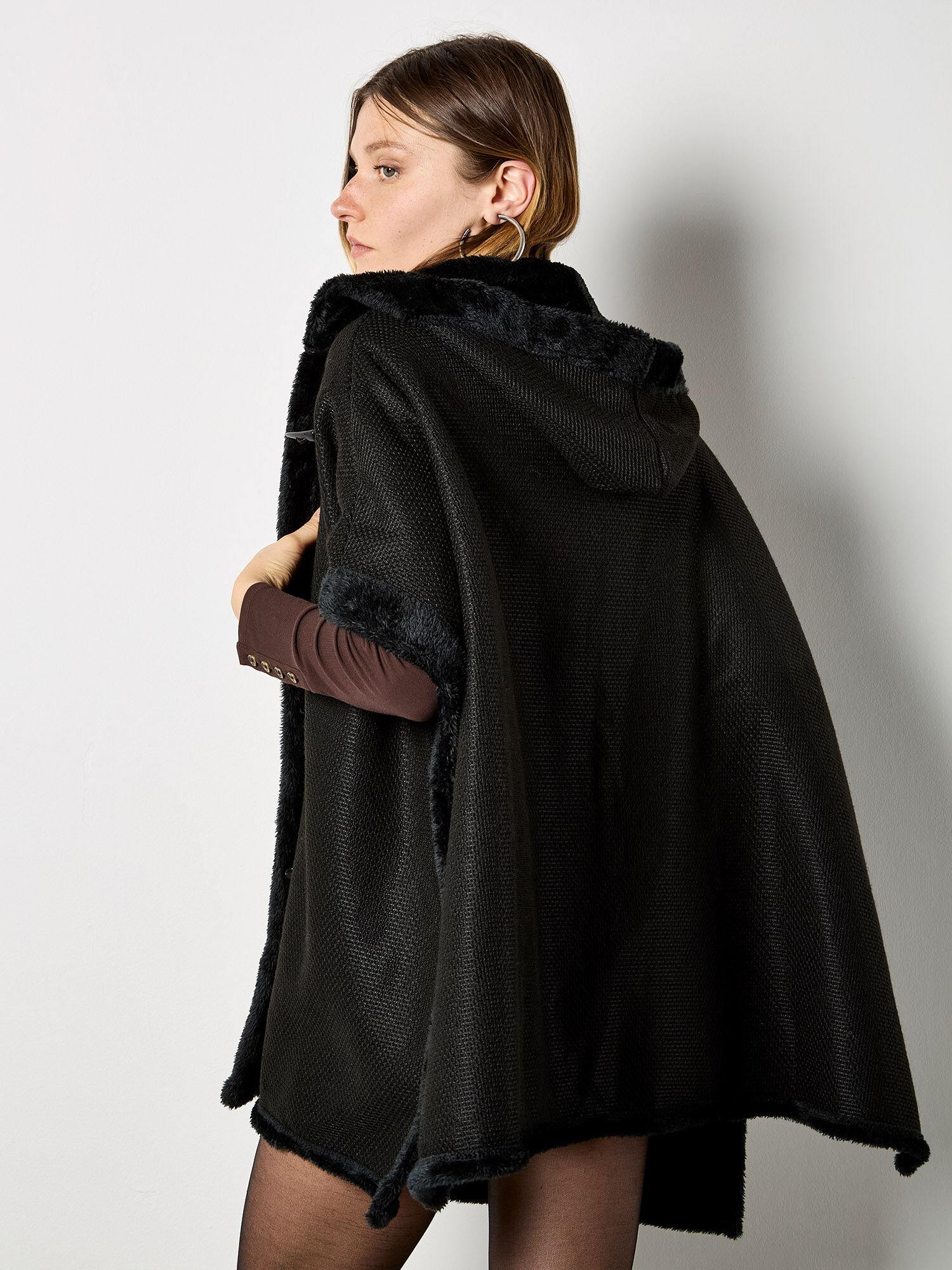 Faux Fur Trim Waffle Knit Cape | Apricot Clothing