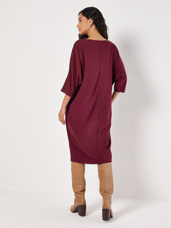 Ribbed Knit Cocoon Midi Dress, Burgundy, large