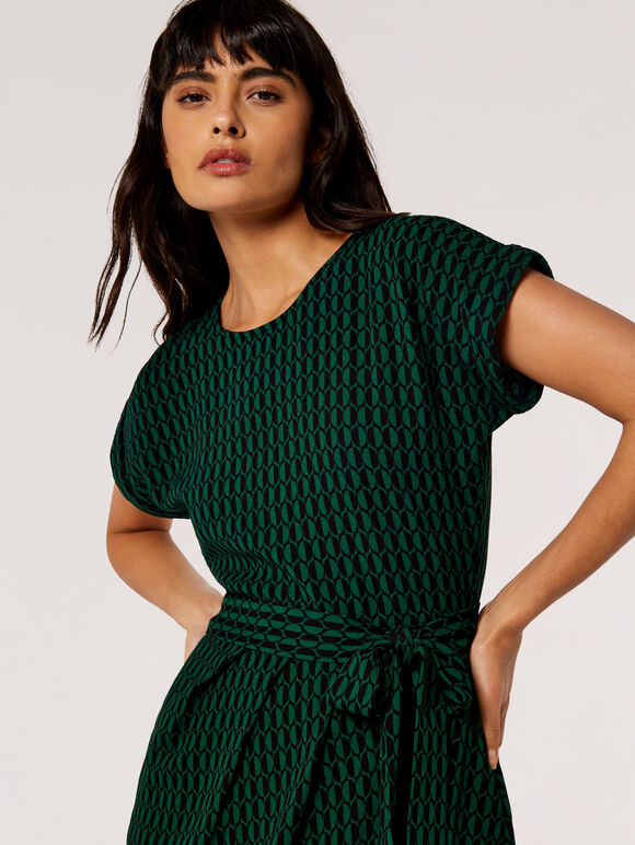 Oval Print Wrap Mini Dress, Green, large
