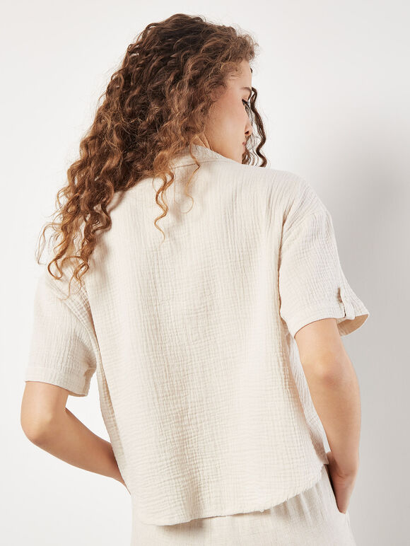Textured Cotton Boxy Shirt, Stone, large