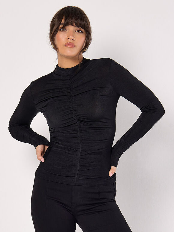 Ruched Stretch Top, Black, large