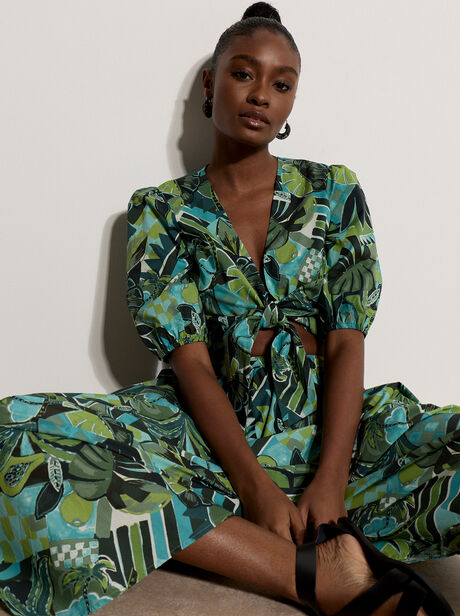 Tropical Leaf Cotton Tie Front Top