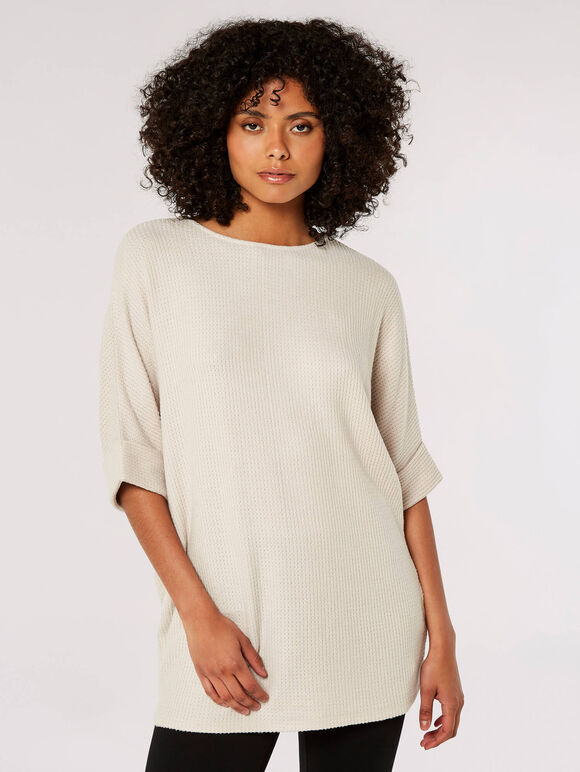 Waffle Knit Batwing Top , Stone, large
