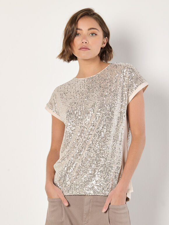 Sequin Embellished T-Shirt, Stone, large