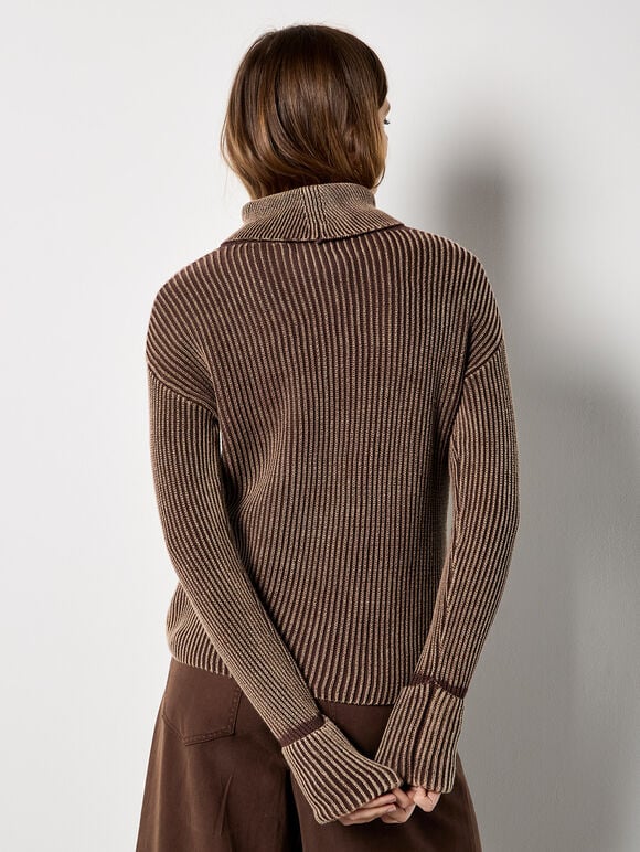 Roll Neck Ribbed Stonewashed Jumper, Brown, large