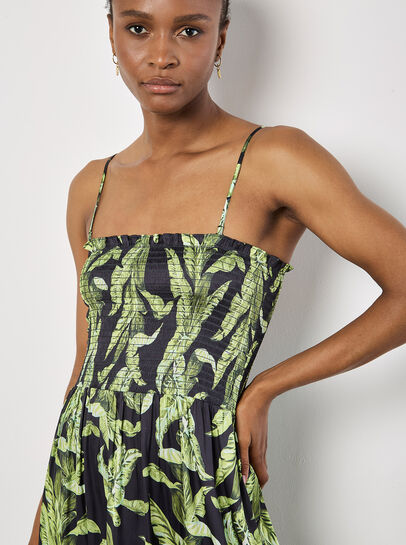 Tropical Leaf Satin Maxi Dress
