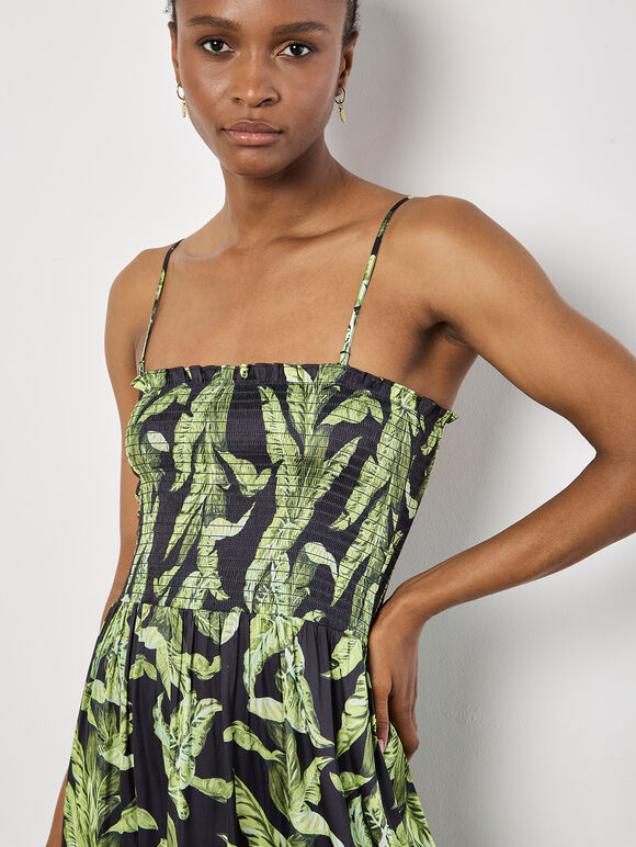 Tropical Leaf Satin Maxi Dress, Black, large