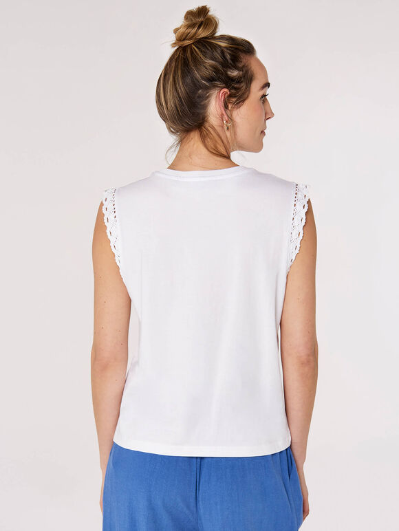 Crochet Sleeve Cotton Jersey T-Shirt, White, large
