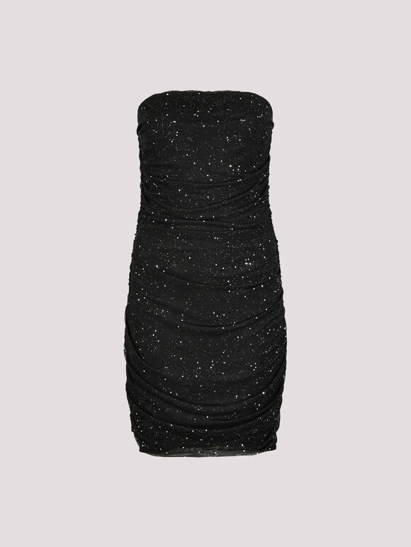 Sparkle Mesh Bandeau Mini Dress, Black, large