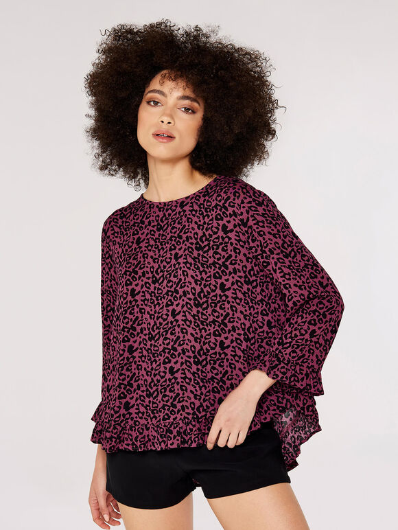 Animal Print Ruffle Top , Burgundy, large