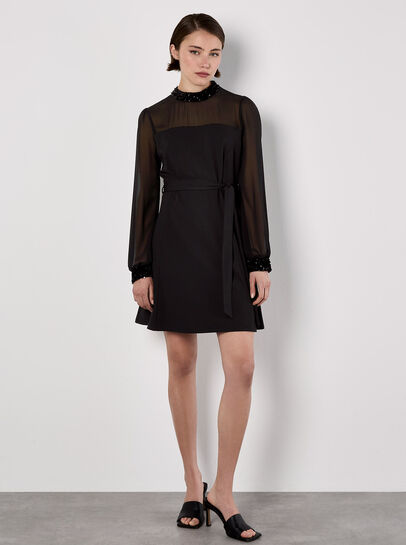 Sequin Trim Belted Mini Dress