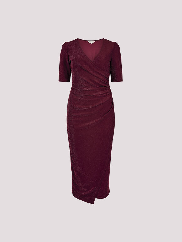 Foil Sparkle Ruched Midi Dress, Burgundy, large