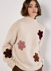 Embroidered Flower Chunky Knit Jumper, Stone, large
