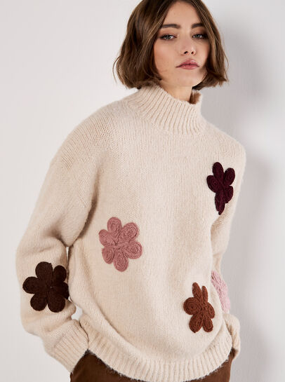 Embroidered Flower Chunky Knit Jumper