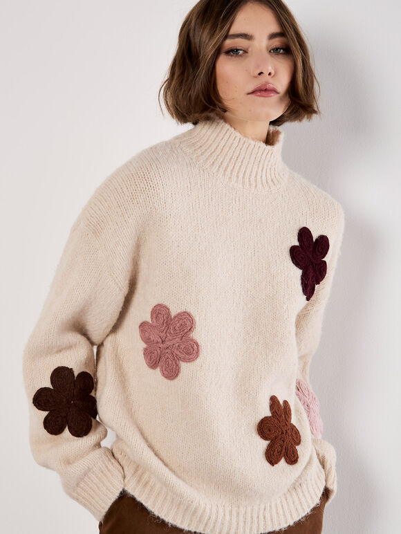 Embroidered Flower Chunky Knit Jumper, Stone, large