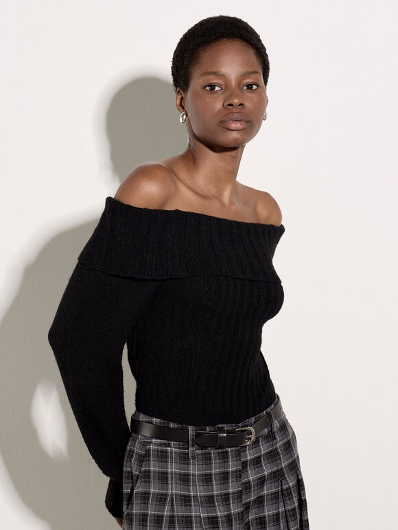 Ribbed Bardot Jumper, Black, large