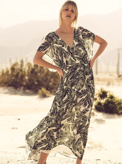 Tropical Leaf Kimono Maxi Dress