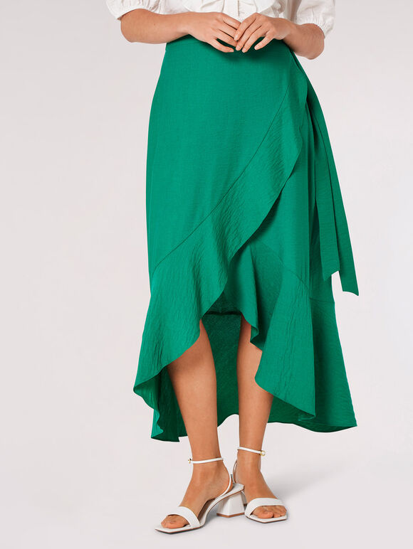 Ruffle Wrap Maxi Skirt, Green, large