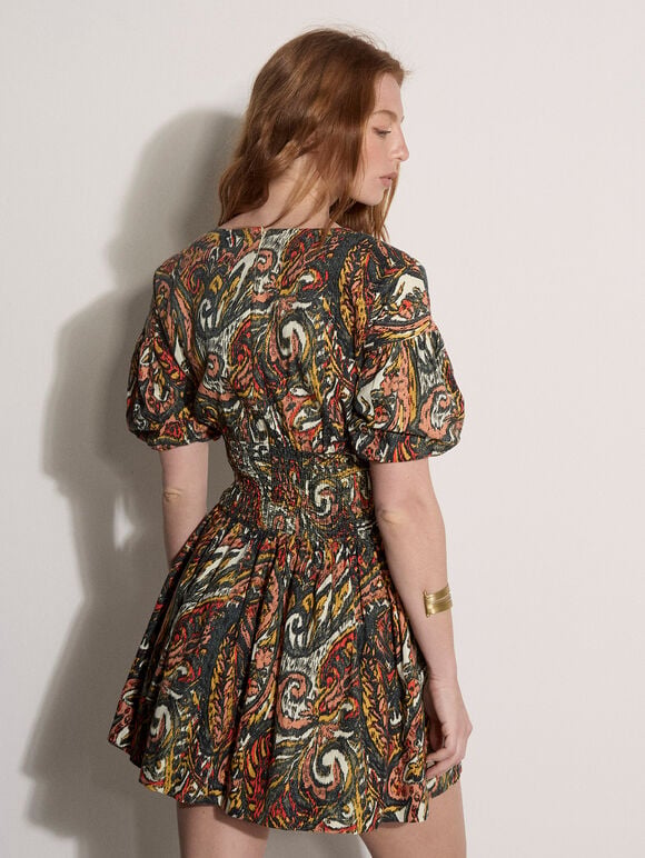 Paisley Bubble Hem Cotton Mini Dress, Khaki, large