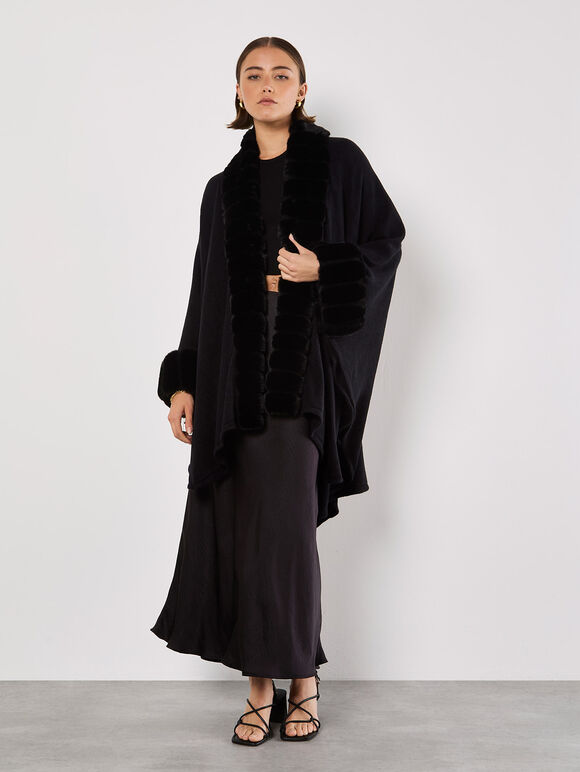 Faux Fur Trim Waterfall Cape, Black, large