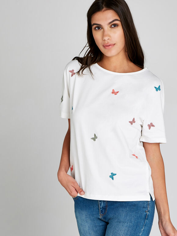 Embroidered Butterfly T-Shirt, Cream, large