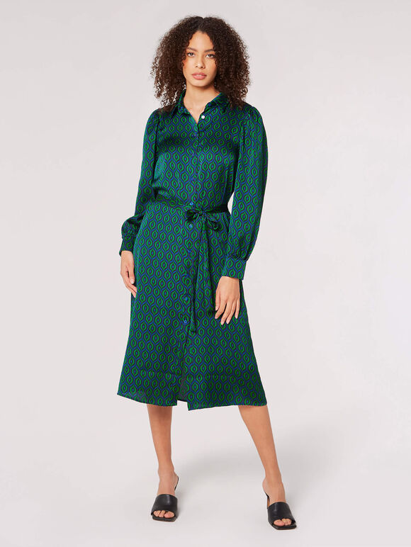 Geometric Satin Shirt Midi Dress, Blue, large