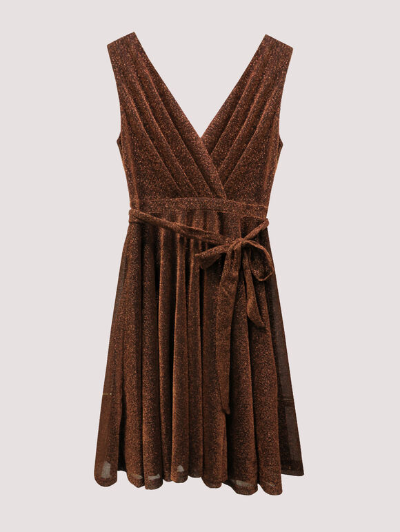 Metallic Pleat Skater Mini Dress, Brown, large