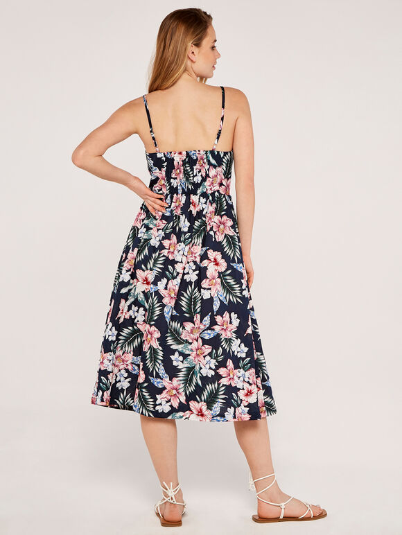 Tropical Floral Button Down Tea Dress, Navy, large