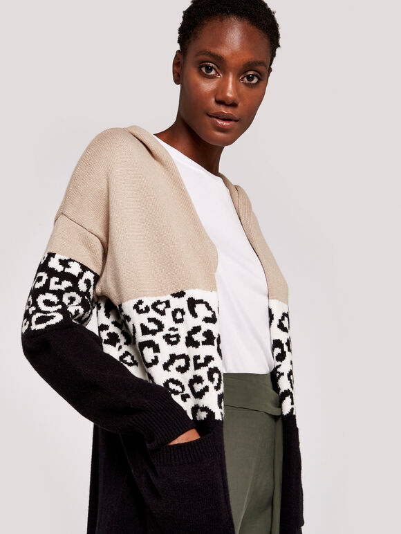 Animal Colour Block Hooded Cardi, Stone, large