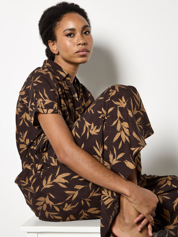 Textured Leaf Shirt Midi Dress, Brown, large