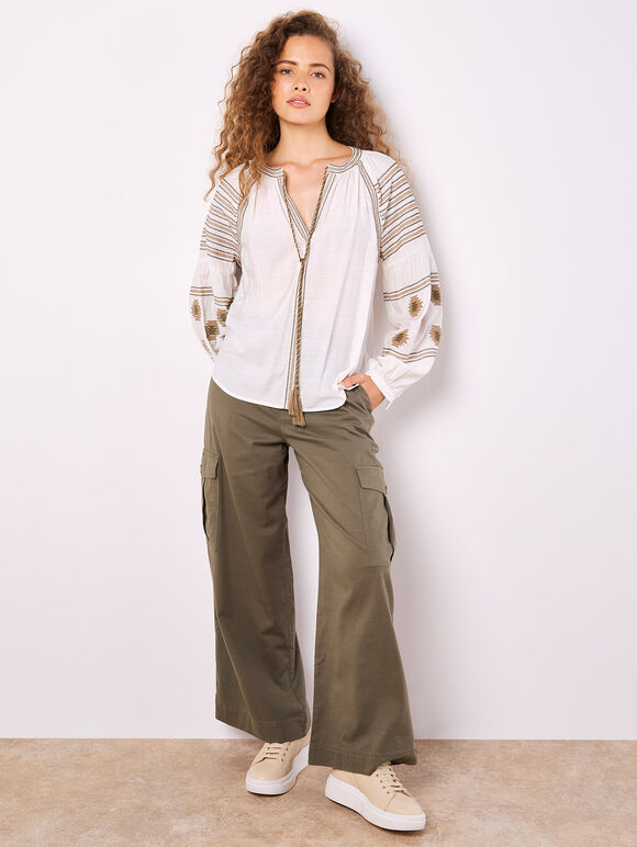 Aztec Embroidered Blouse, White, large