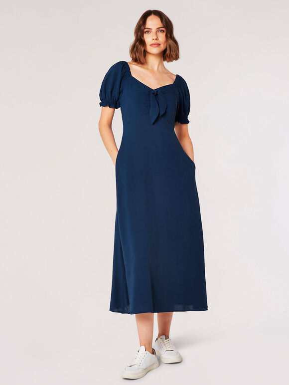 Tie Detail Milkmaid Midaxi Dress, Navy, large