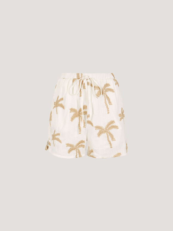 Embroidered Palm Tree Shorts, Cream, large